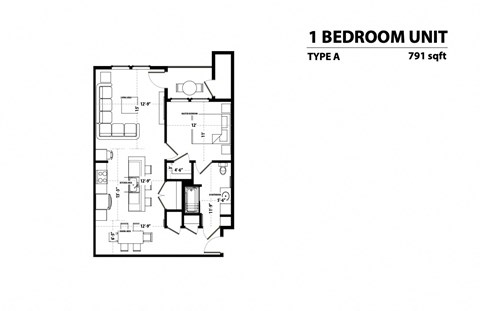 Floor plan for 1 bed, 1 bath, 791 sqft